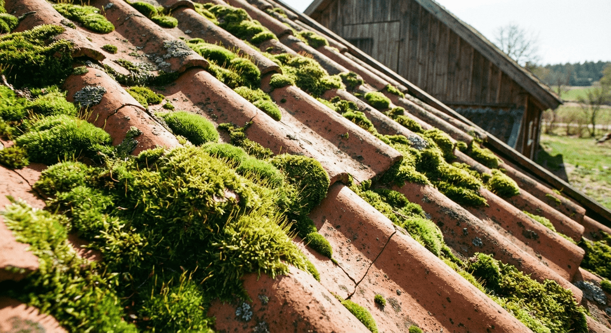Närbild på takpannor med mossa