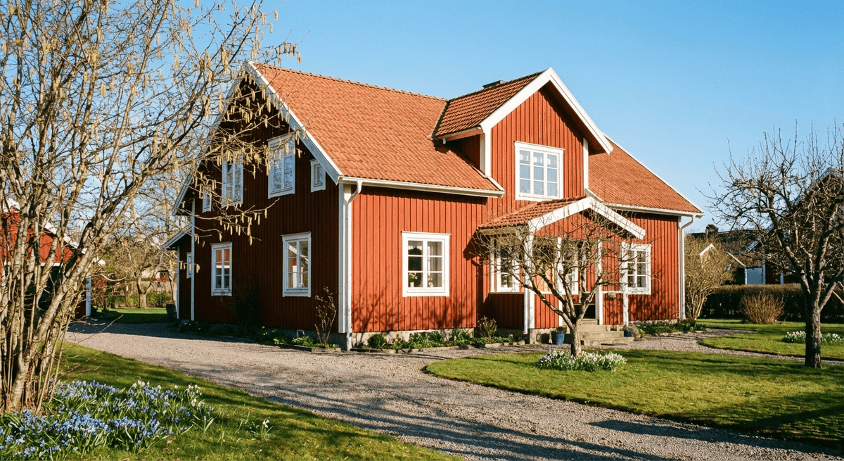 Svensk villa med rött tak under tidig vår