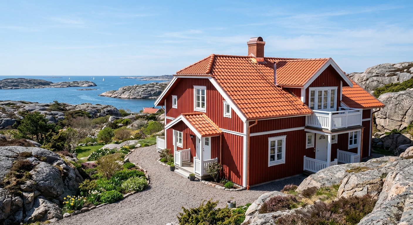 Vacker villa med rött tegeltak i vårsol på västkusten